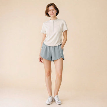 2-in-1 running shorts, back view showing curved split hem
