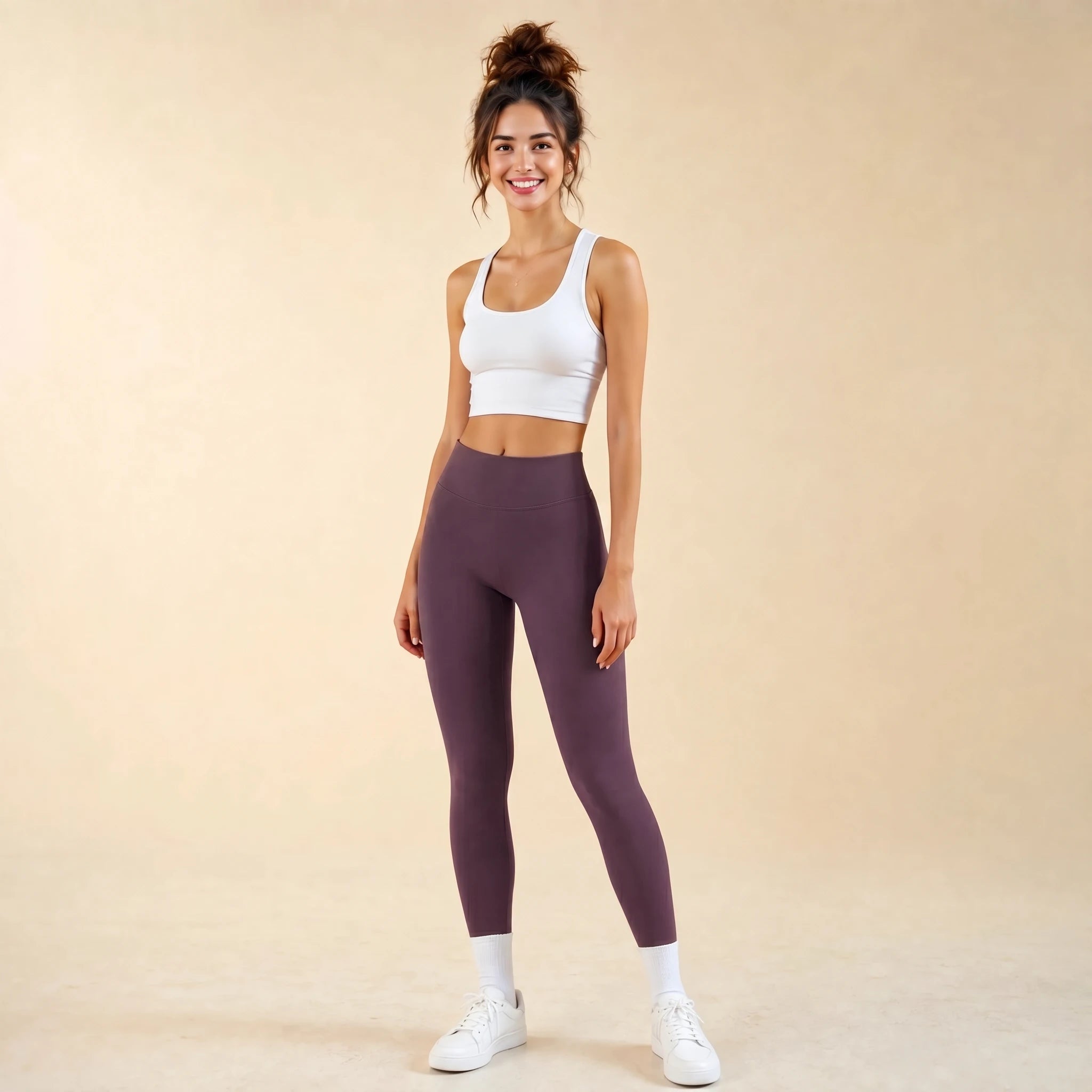 Woman in misty purple high-waist seamless leggings, full-length yoga pants, front view