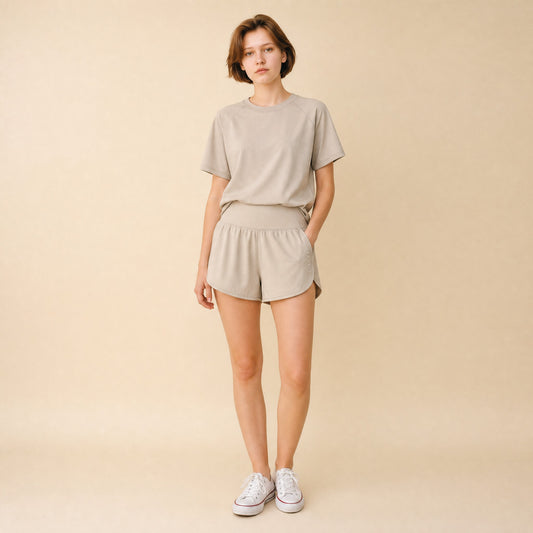 Women's loose-fit activewear set - short sleeve top and shorts front view