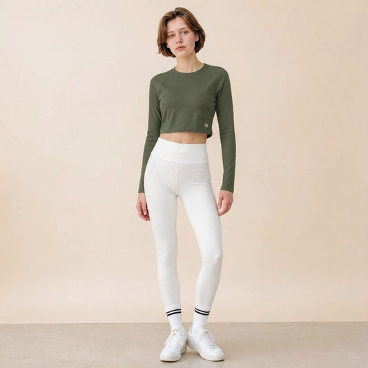 Women's ribbed long-sleeve crop top, front view round neck slim fit
