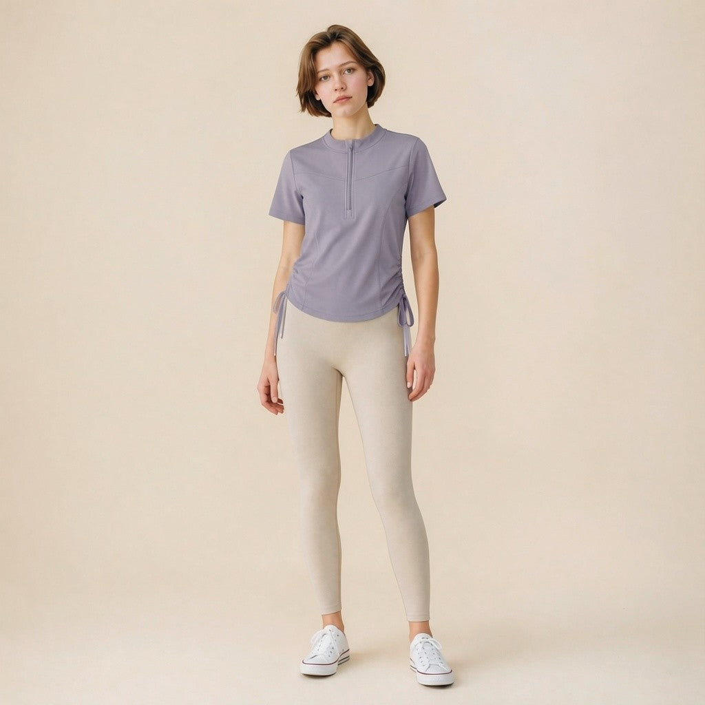 Quarter-zip side-drawstring workout top – color variants overview