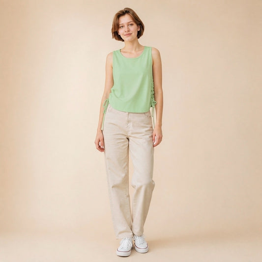 Women's side ruched sleeveless tank top in light green, cropped fit