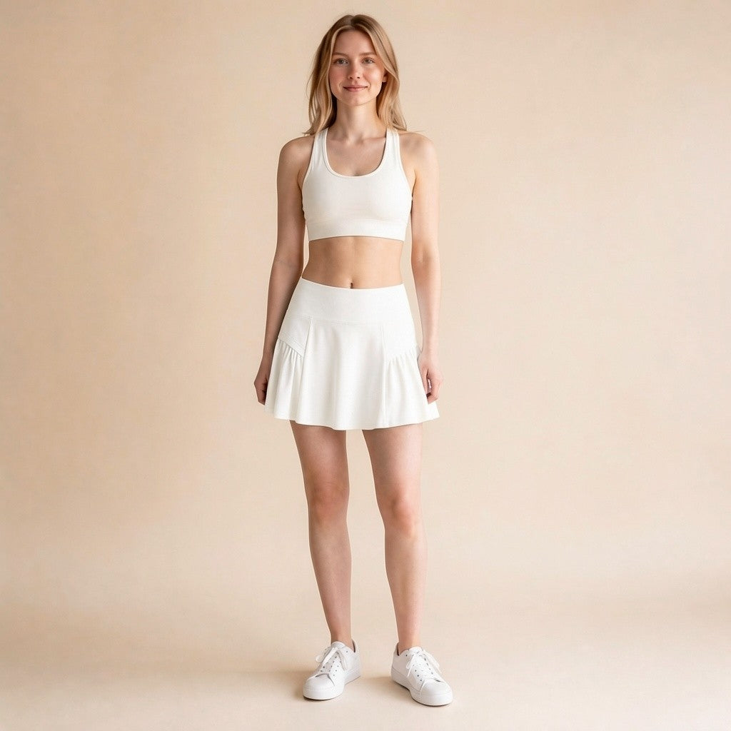 Women's high-waist athletic skort in white, flowy pleated A-line skirt with built-in shorts, front view