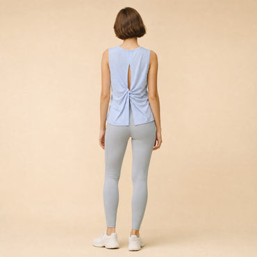 Sleeveless yoga tank, back view showing twist-knot keyhole opening