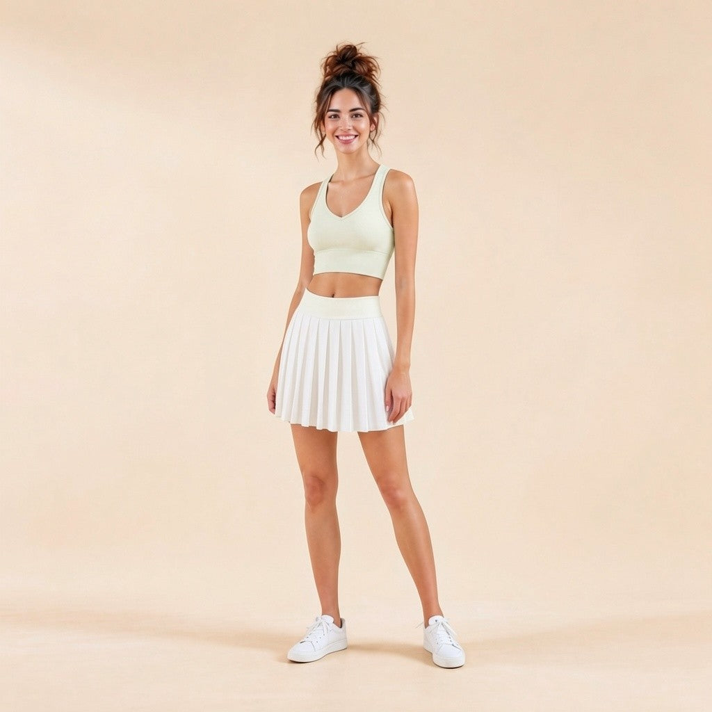 Women's V-neck seamless sports bra, front view with padded cups in cream