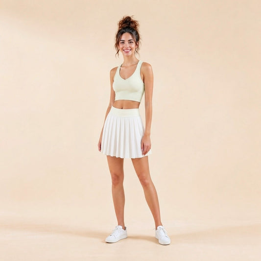 Women's V-neck seamless sports bra, front view with padded cups in cream