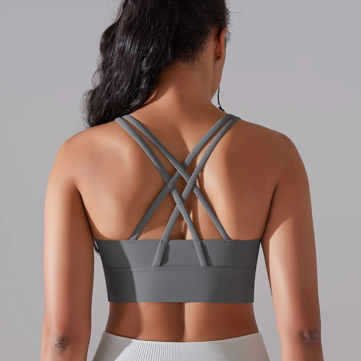 Cross-back sports bra detail – premium nylon activewear