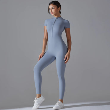 Short sleeve yoga jumpsuit – mock neck zipper detail