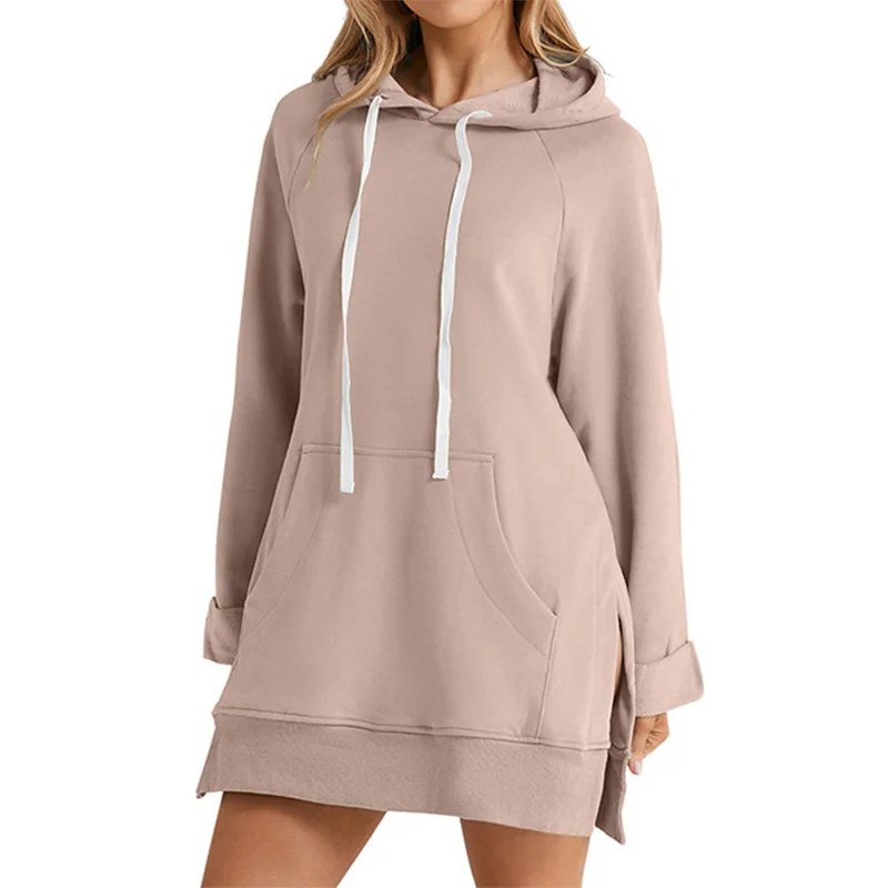 Women's fleece hooded sweatshirt dress – front view oversized fit