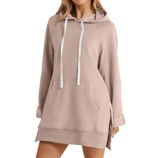 Women's fleece hooded sweatshirt dress – front view oversized fit