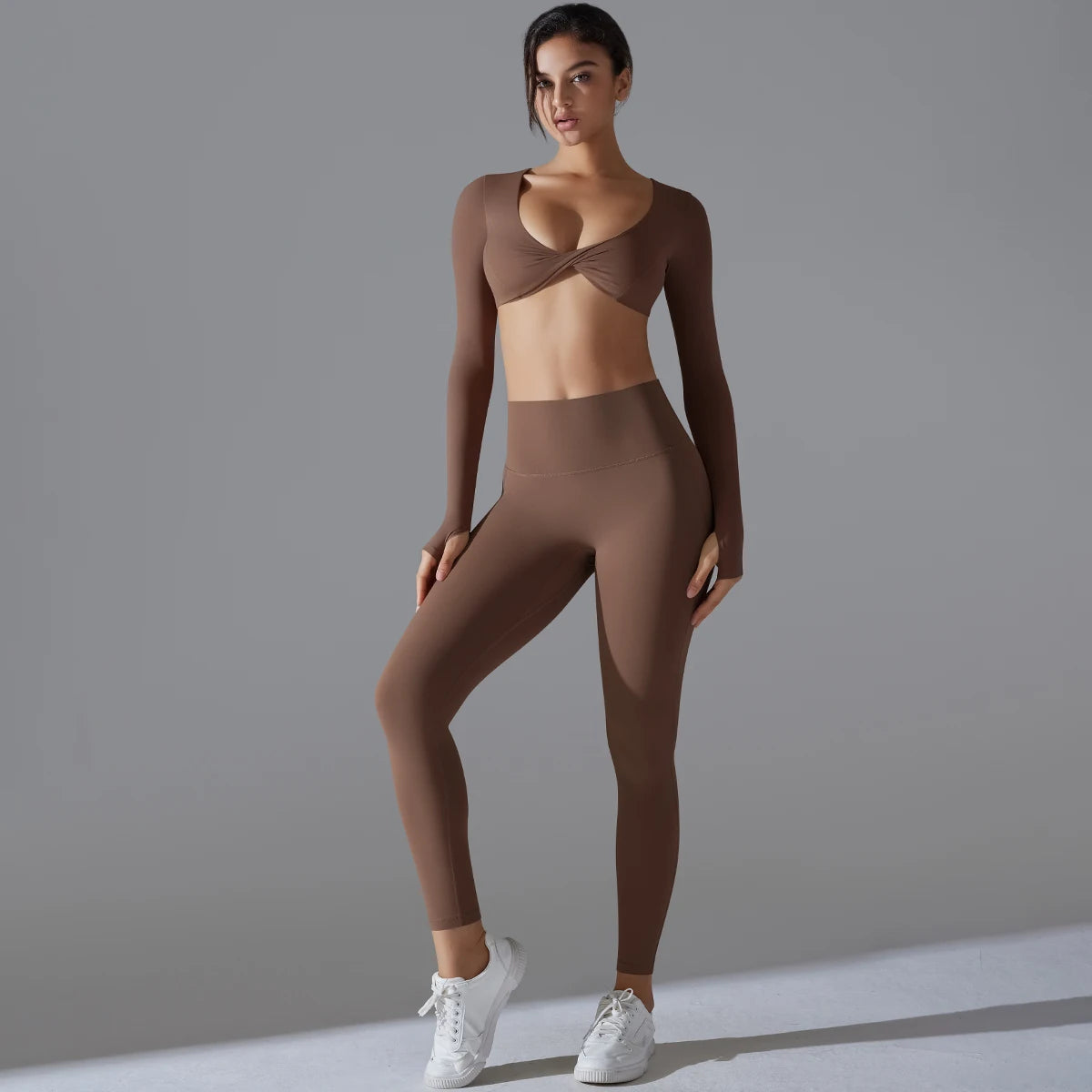 Women's workout set – long-sleeve twist-front crop top close-up