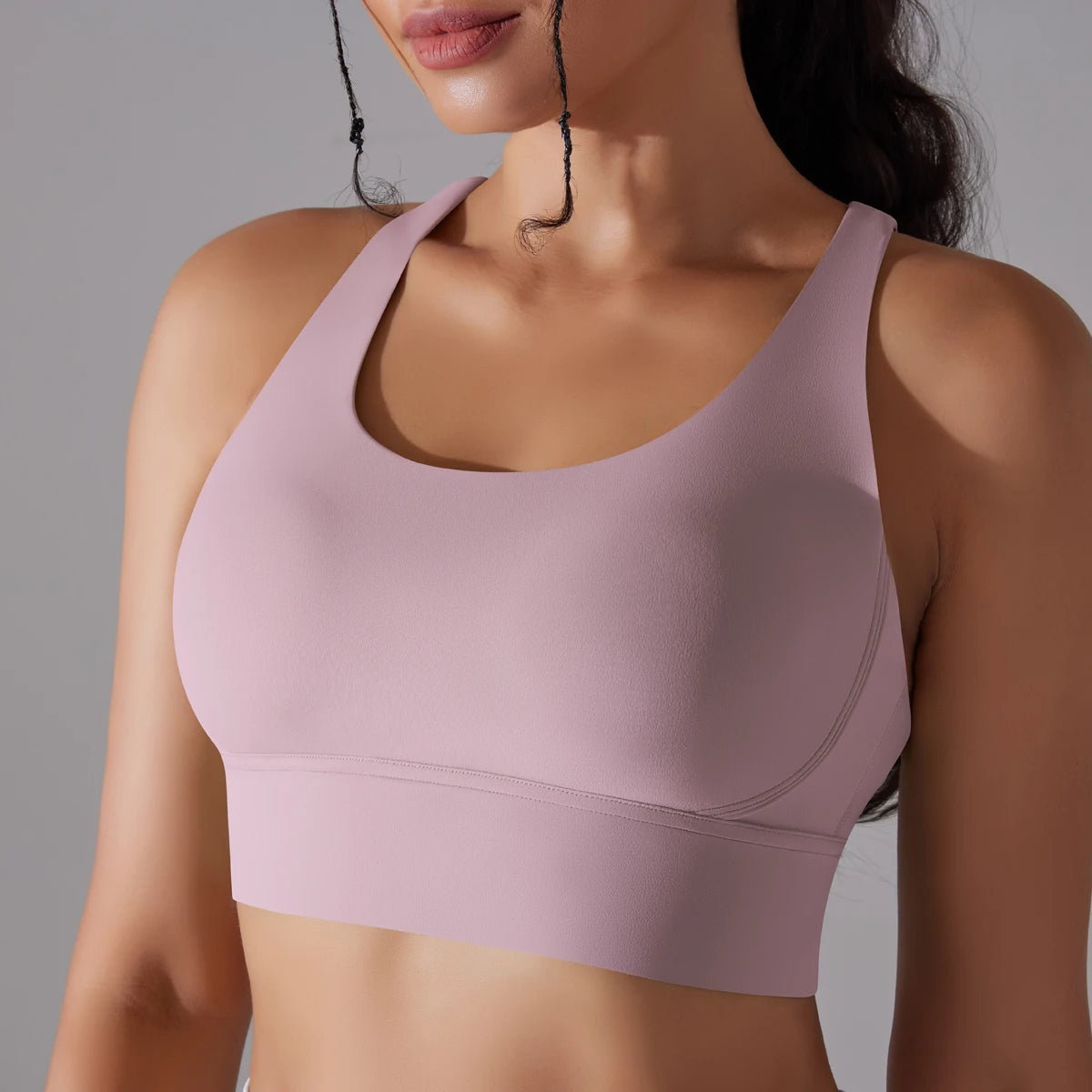 Women's cross-back sports bra in naked feel nylon – front view