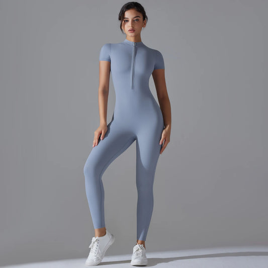 Women's zip-up one-piece gym bodysuit – front view