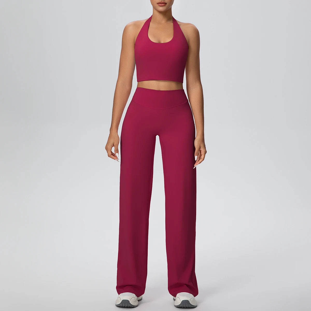 Backless halter sports bra – fabric and fit detail