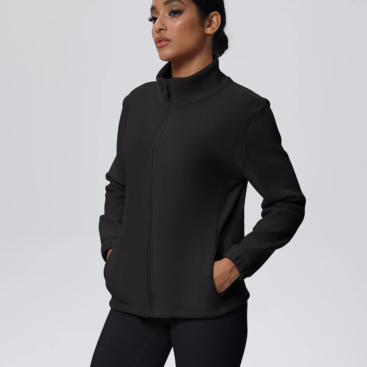 Women's fleece activewear jacket – front view with full-zip mock neck