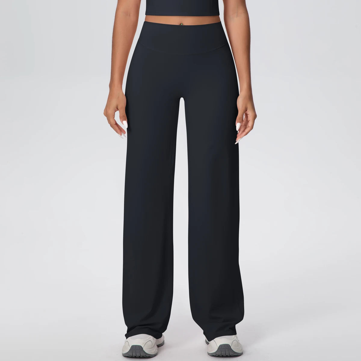 Palazzo yoga pants – side profile showing flowing wide-leg drape