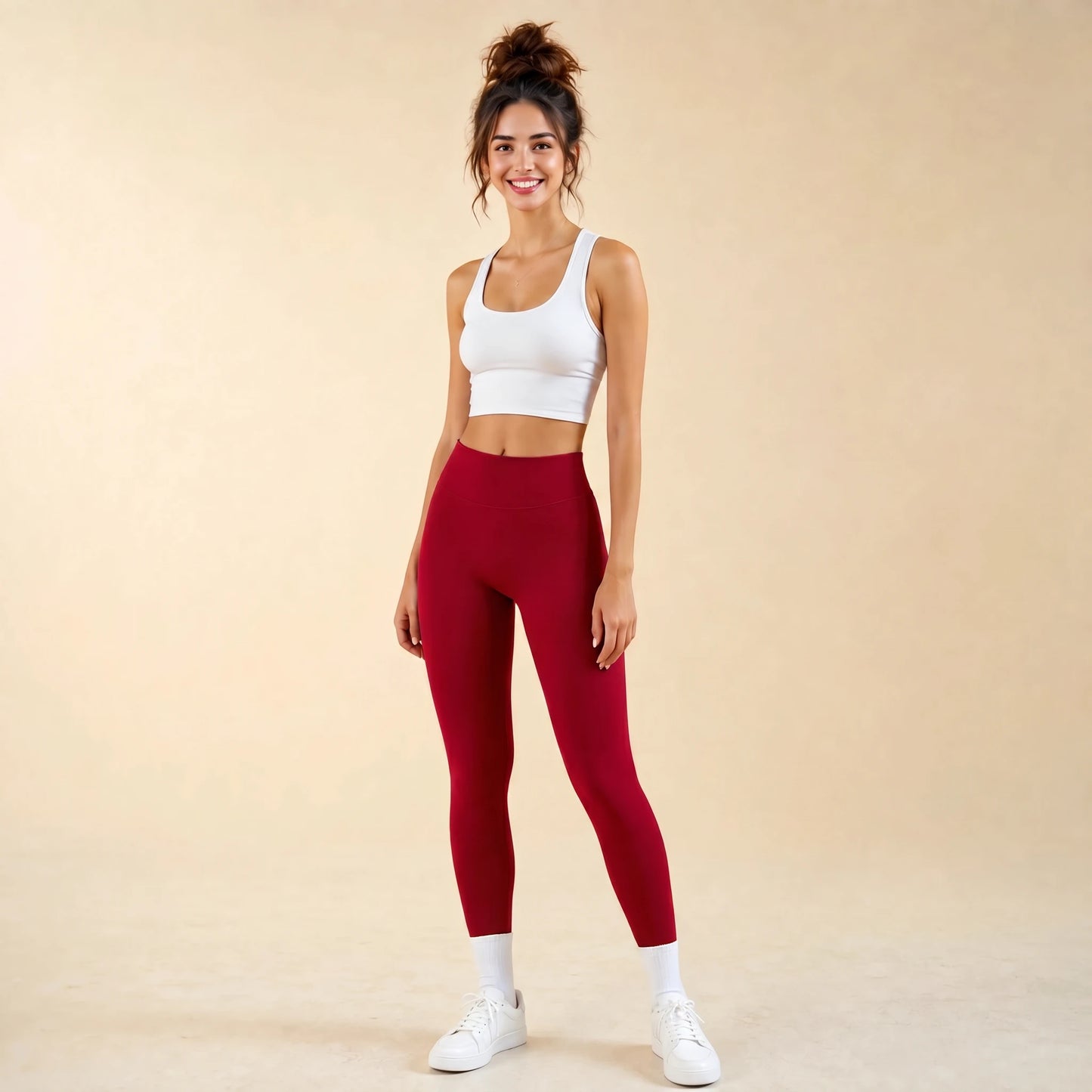Woman in red high-waist seamless leggings, full-length yoga pants, front view