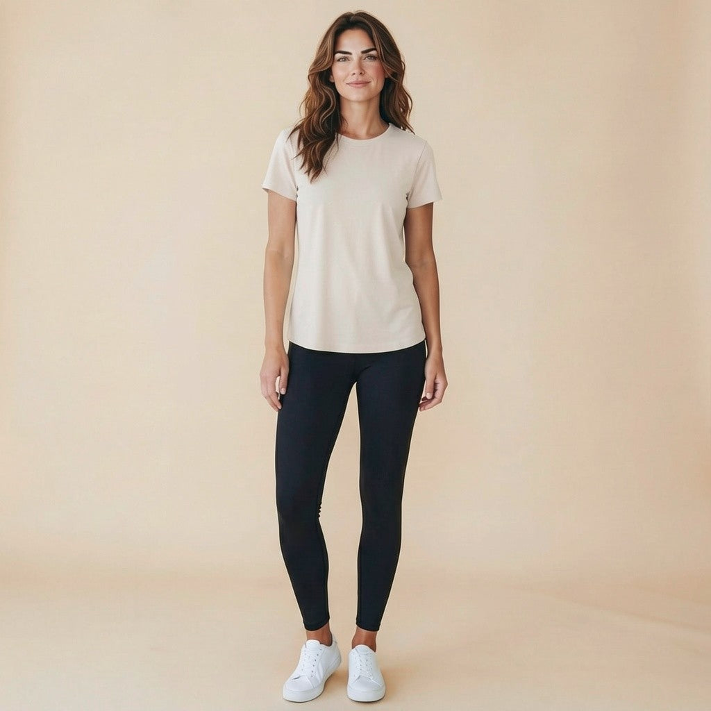 Women's short-sleeve activewear tee with crossover open back detail