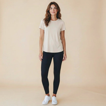 Women's short-sleeve activewear tee with crossover open back detail