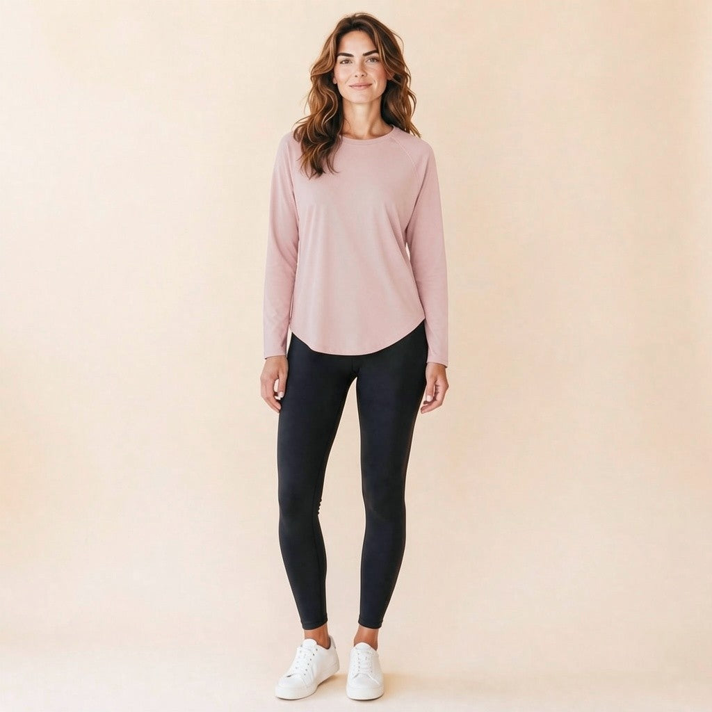 Mesh-back top – raglan long sleeve and curved scoop hem detail