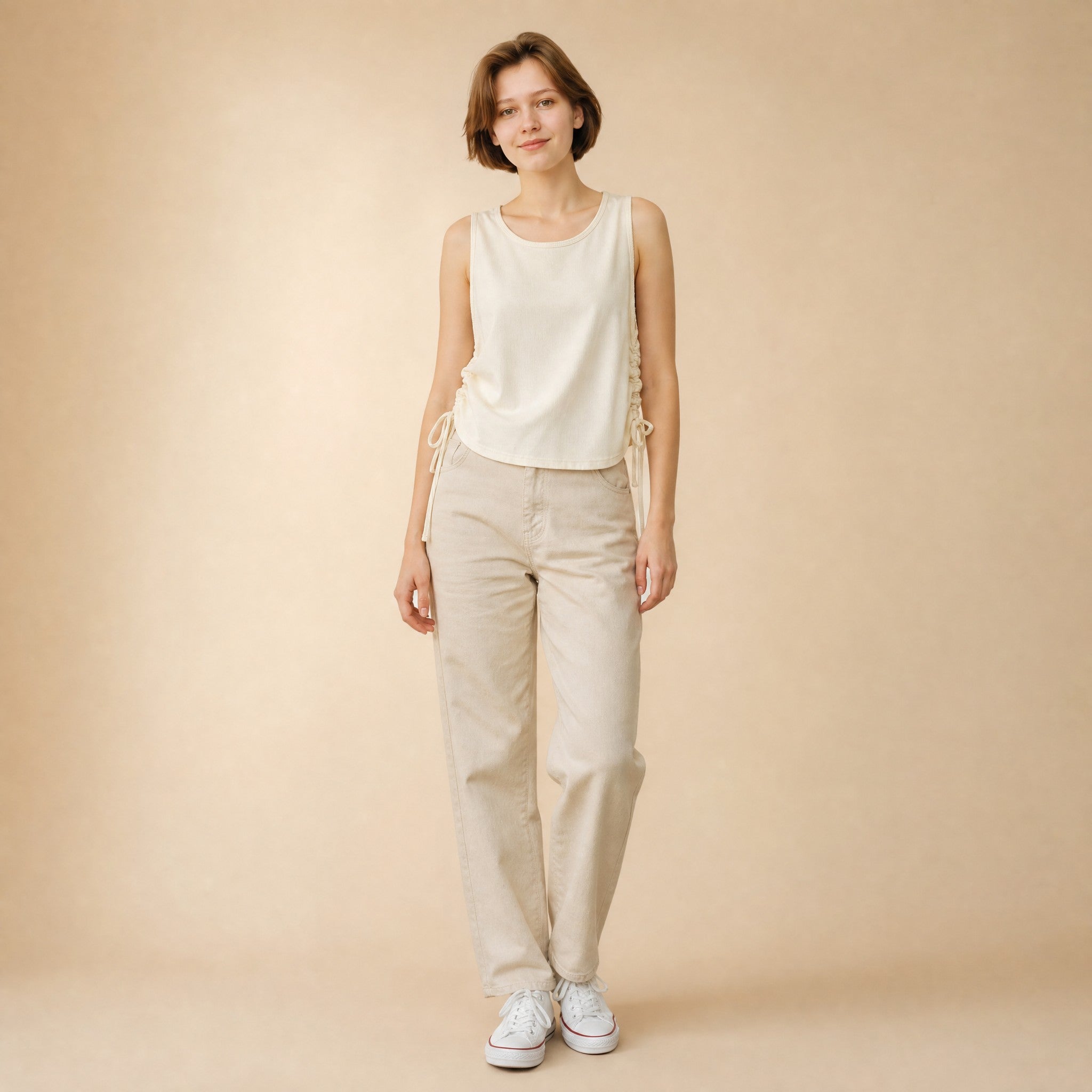 Women's side ruched sleeveless tank top in apricot, cropped fit