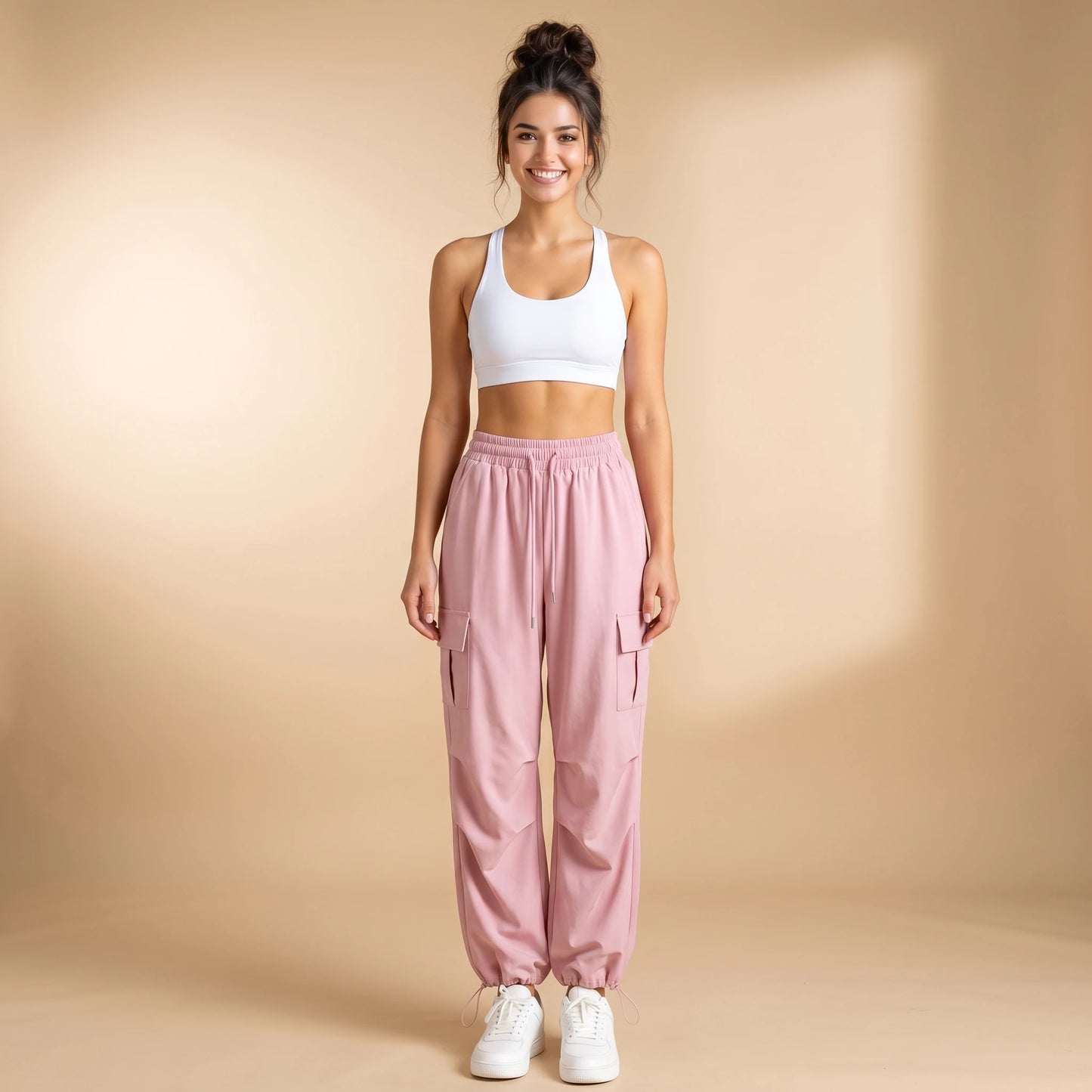 Woman in pink high-waist cargo joggers with flap thigh pockets, cuffed loose-fit pants, front view