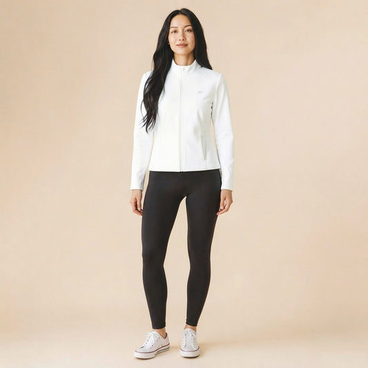 Women's slim-fit full-zip jacket, front view with stand collar and thumbhole cuffs