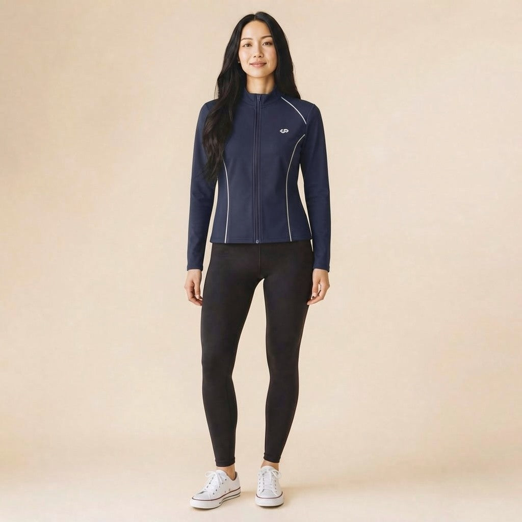 Full-zip jacket detail – thumbhole cuff and contrast piping close-up